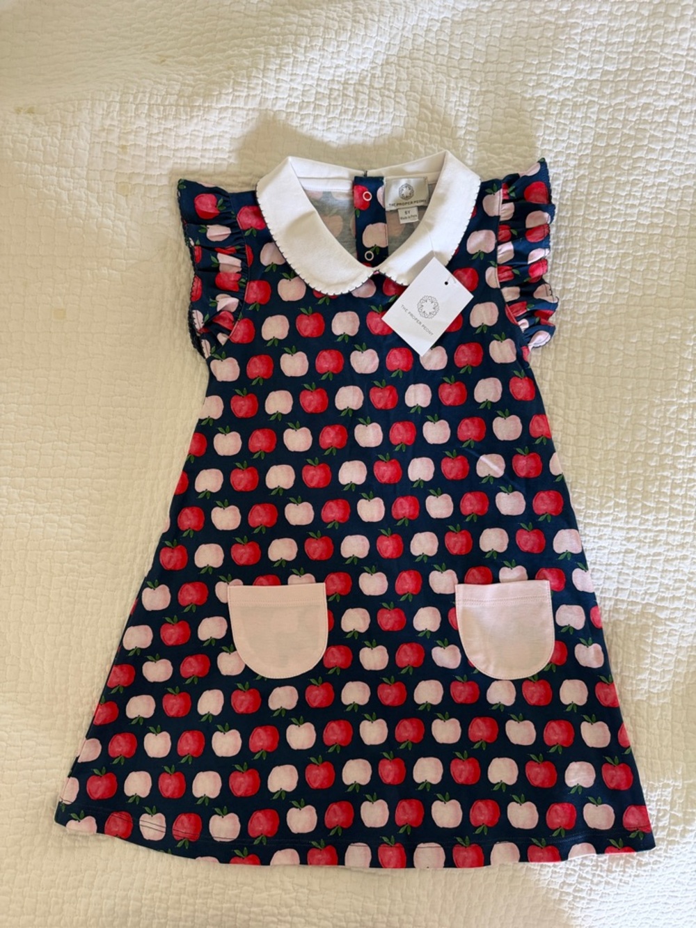 The Proper Peony Navy Apple Print Dress with White Collar